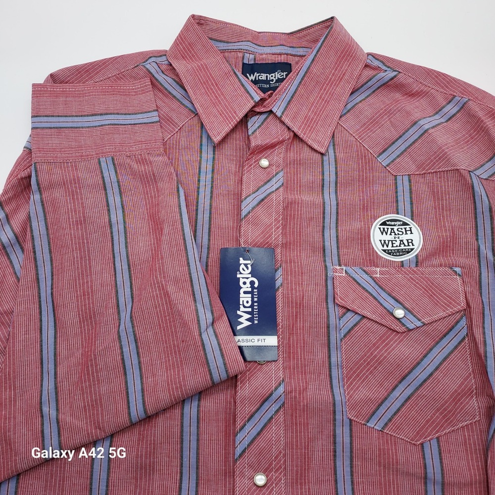 Wrangler Western Shirt Mens 17.5x36 Tall Red Blue Stripe Pearl Snap 71130CS NEW